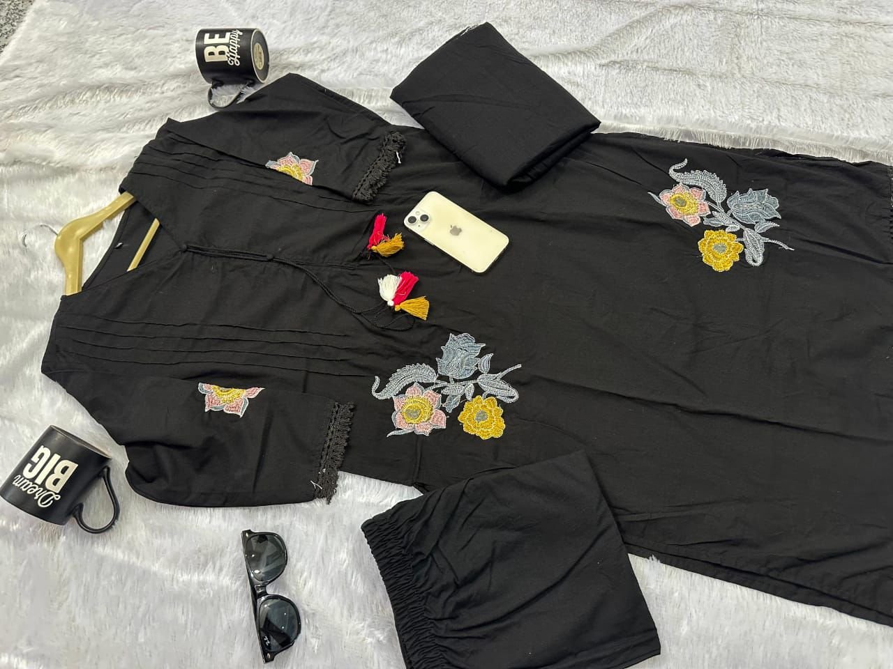 Black Embroidered Cotton Kurti Palazzo Dupatta Set